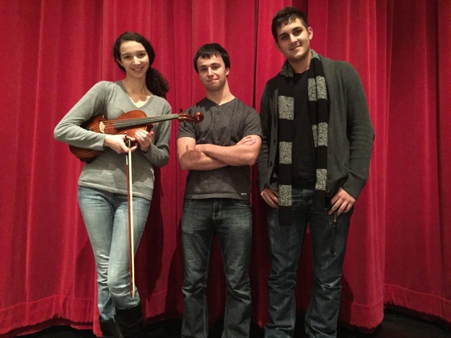 Cole Festenstein, Milan Babic and Cassandra Deck rehearse with other high school performers for the Illinois All–State Musical performance of  “Pippin.”