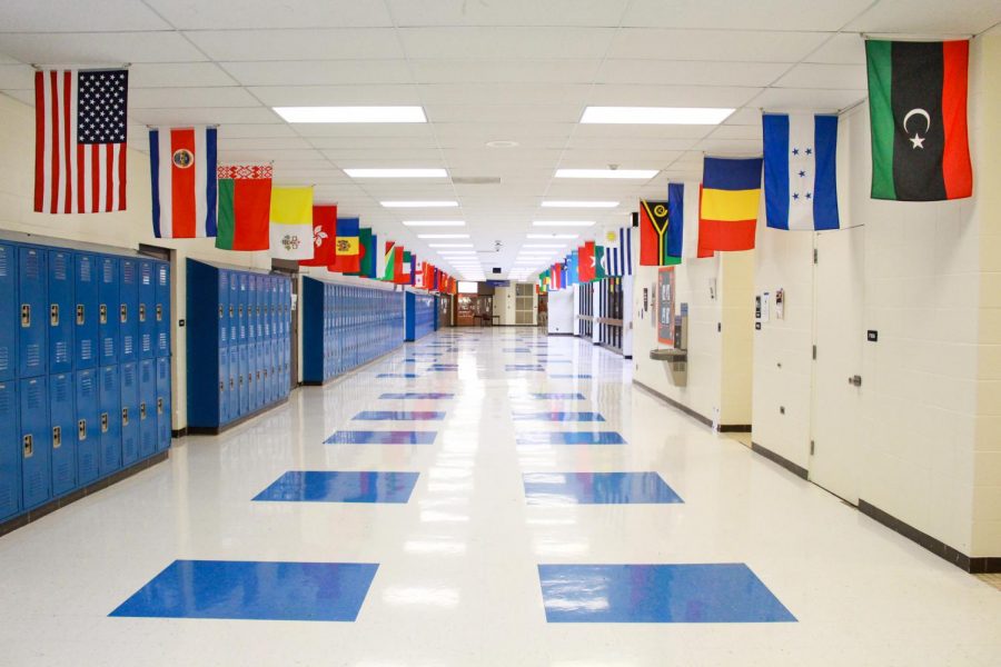 Representation matters: flags from a variety of different countries across the globe hang in the main academic hallway in an effort to promote diversity and inclusion.