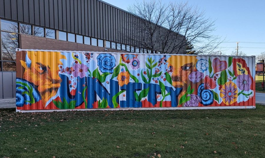A BISON BEAUTIFICATION PROJECT: Located right outside the pool, the nearly completed art mural features two bison, several plants and flowers, and the word ‘unity’ prominently displayed.