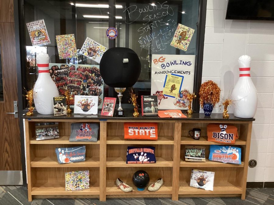 BY THE BOOK : Library shelfie put together by the girls bowling team complete with giant pins and a bowling ball along with books and symbols of the sport. 